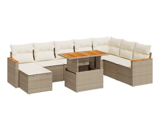 vidaXL vidaXL 9-cz. zestaw mebli z poduszkami, beżowy, polirattan i akacja Dārza mēbeļu komplekti