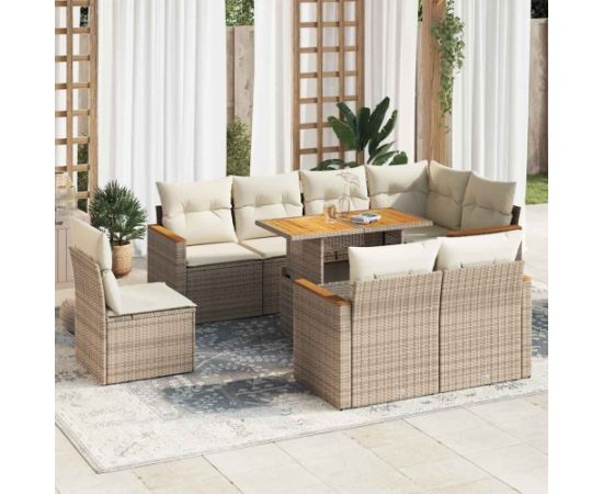 vidaXL vidaXL 9-cz. zestaw mebli z poduszkami, beżowy, polirattan i akacja Dārza mēbeļu komplekti