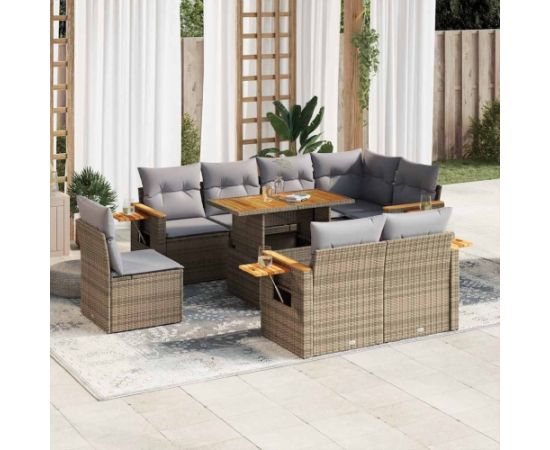 vidaXL 9-cz. zestaw mebli z poduszkami, beżowy, polirattan i akacja Dārza mēbeļu komplekti