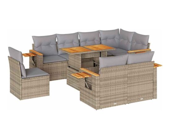 vidaXL 9-cz. zestaw mebli z poduszkami, beżowy, polirattan i akacja Dārza mēbeļu komplekti