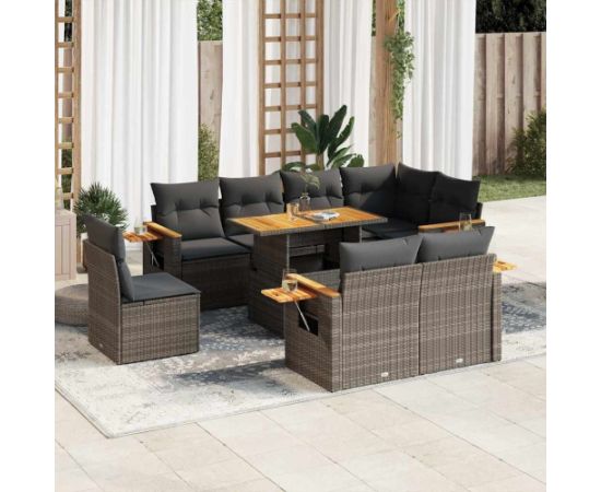 vidaXL vidaXL 9-cz. zestaw mebli z poduszkami, szary, polirattan i akacja Dārza mēbeļu komplekti