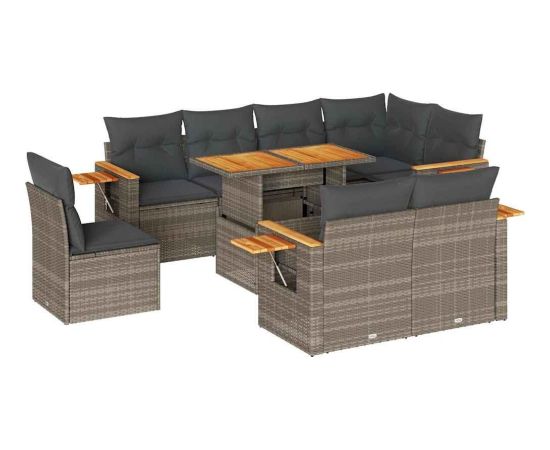 vidaXL vidaXL 9-cz. zestaw mebli z poduszkami, szary, polirattan i akacja Dārza mēbeļu komplekti