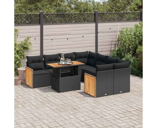 vidaXL vidaXL 9-cz. zestaw mebli z poduszkami, czarny, polirattan i akacja Dārza mēbeļu komplekti