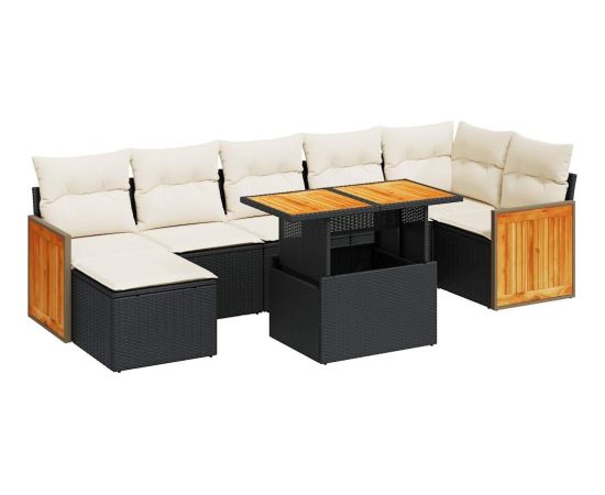 vidaXL vidaXL 7-cz. zestaw mebli z poduszkami, czarny, polirattan i akacja Dārza mēbeļu komplekti