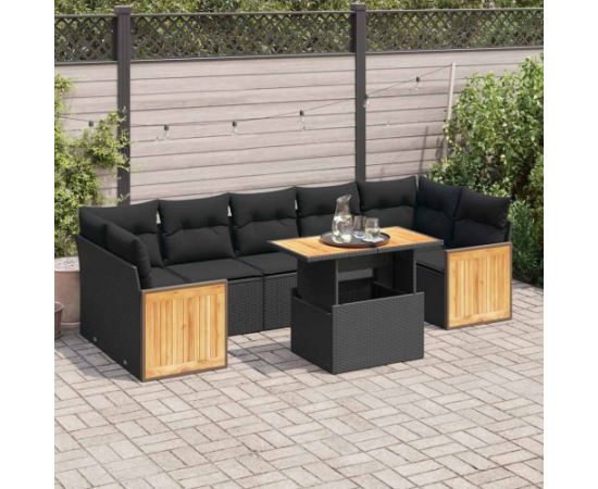 vidaXL vidaXL 8-cz. zestaw mebli z poduszkami, czarny, polirattan i akacja Dārza mēbeļu komplekti
