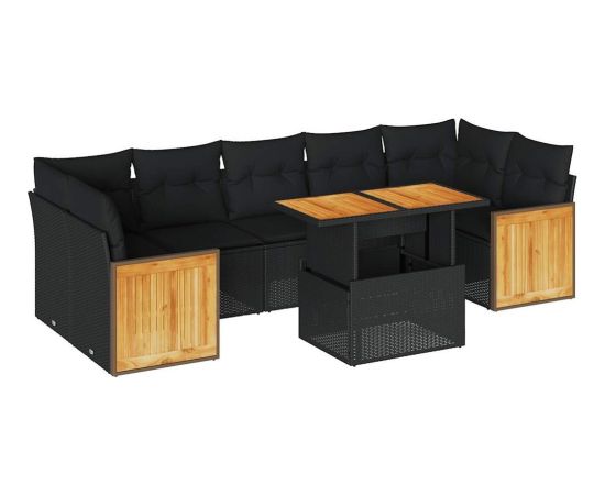 vidaXL vidaXL 8-cz. zestaw mebli z poduszkami, czarny, polirattan i akacja Dārza mēbeļu komplekti