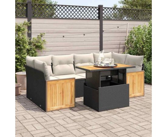 vidaXL vidaXL 7-cz. zestaw mebli z poduszkami, czarny, polirattan i akacja Dārza mēbeļu komplekti