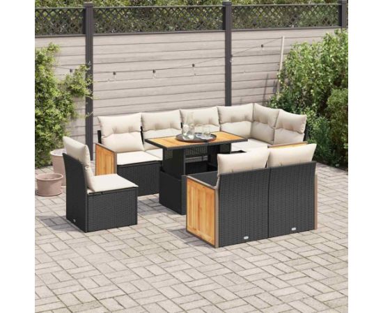 vidaXL vidaXL 9-cz. zestaw mebli z poduszkami, czarny, polirattan i akacja Dārza mēbeļu komplekti