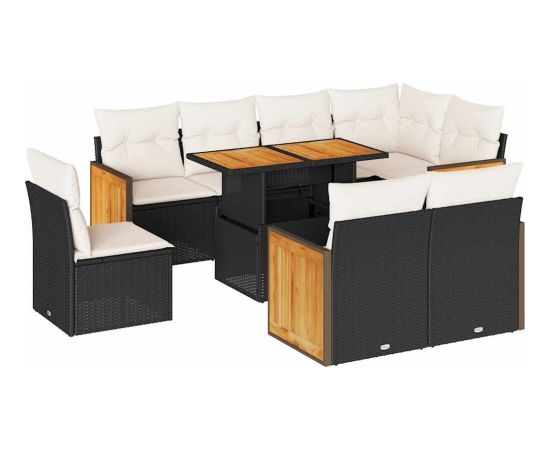 vidaXL vidaXL 9-cz. zestaw mebli z poduszkami, czarny, polirattan i akacja Dārza mēbeļu komplekti