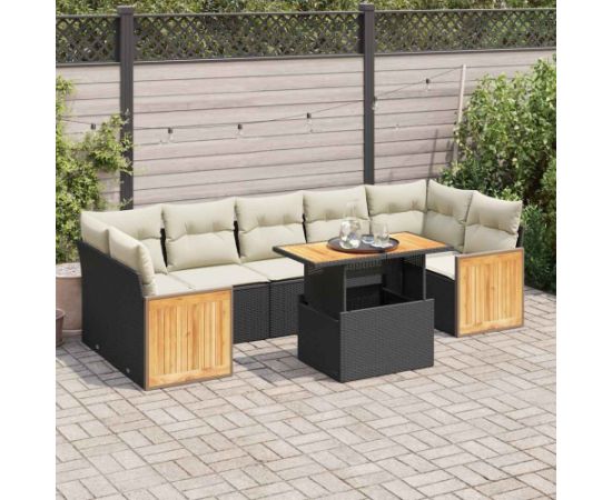 vidaXL vidaXL 8-cz. zestaw mebli z poduszkami, czarny, polirattan i akacja Dārza mēbeļu komplekti