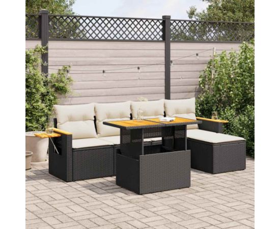 vidaXL vidaXL 7-cz. zestaw mebli z poduszkami, czarny, polirattan i akacja Dārza mēbeļu komplekti