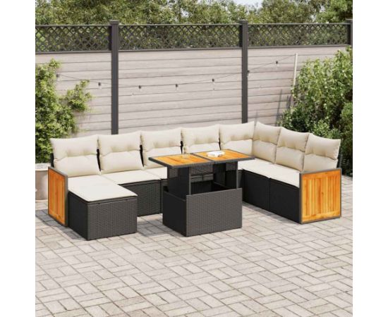 vidaXL vidaXL 7-cz. zestaw mebli z poduszkami, czarny, polirattan i akacja Dārza mēbeļu komplekti