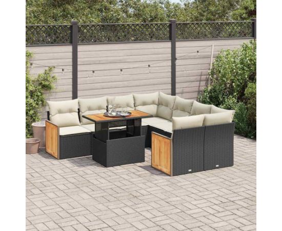 vidaXL vidaXL 9-cz. zestaw mebli z poduszkami, czarny, polirattan i akacja Dārza mēbeļu komplekti