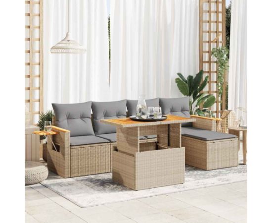 vidaXL 7-cz. zestaw mebli z poduszkami, beżowy, polirattan i akacja Dārza mēbeļu komplekti