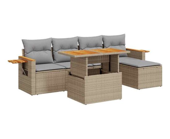 vidaXL 7-cz. zestaw mebli z poduszkami, beżowy, polirattan i akacja Dārza mēbeļu komplekti