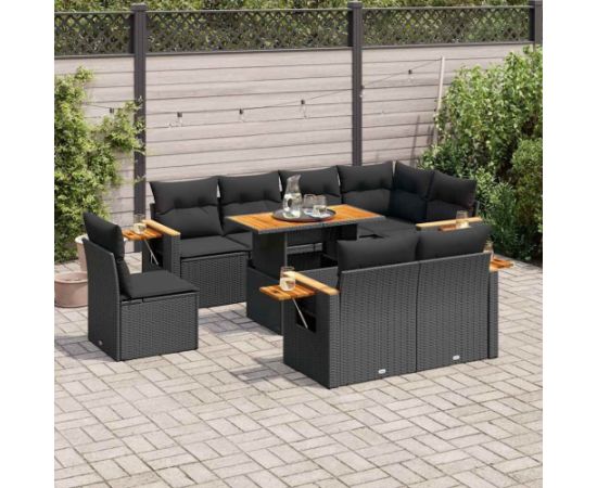 vidaXL 9-cz. zestaw mebli z poduszkami, czarny, polirattan i akacja Dārza mēbeļu komplekti