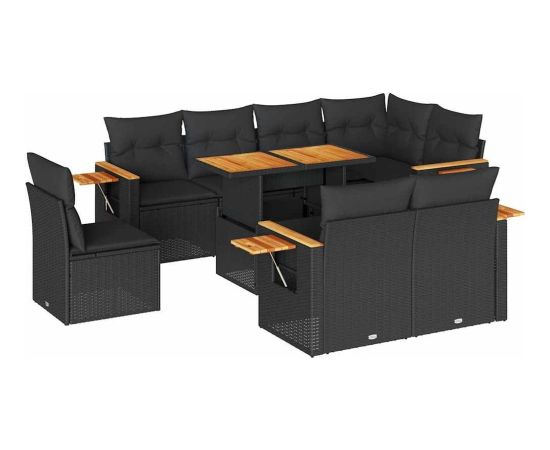 vidaXL 9-cz. zestaw mebli z poduszkami, czarny, polirattan i akacja Dārza mēbeļu komplekti