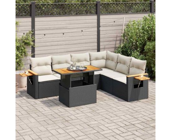 vidaXL 6-cz. zestaw mebli z poduszkami, czarny, polirattan i akacja Dārza mēbeļu komplekti