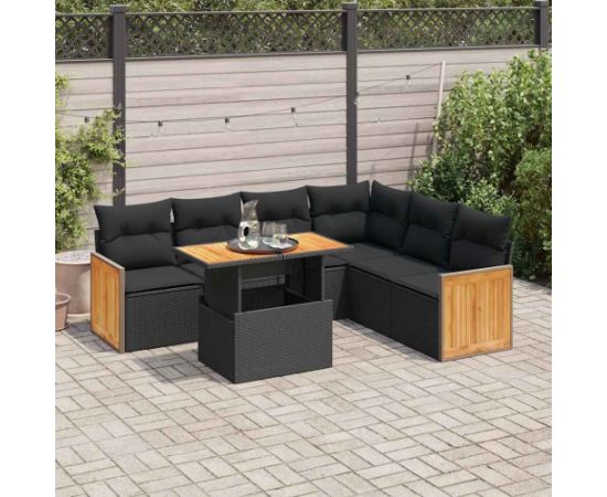 vidaXL 7-cz. zestaw mebli z poduszkami, czarny, polirattan i akacja Dārza mēbeļu komplekti