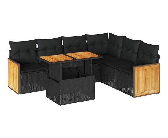 vidaXL 7-cz. zestaw mebli z poduszkami, czarny, polirattan i akacja Dārza mēbeļu komplekti