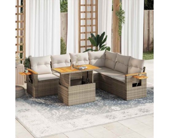 vidaXL 6-cz. zestaw mebli z poduszkami, beżowy, polirattan i akacja Dārza mēbeļu komplekti