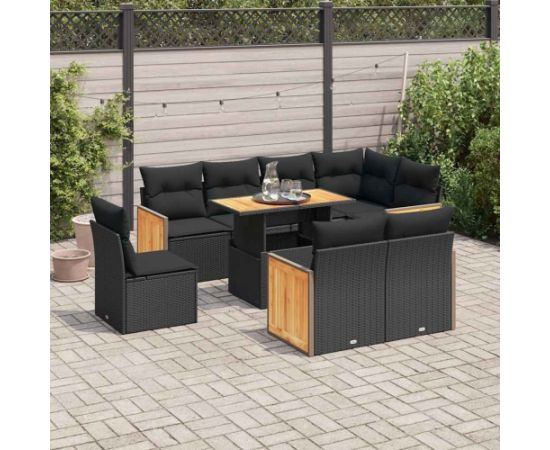 vidaXL 9-cz. zestaw mebli z poduszkami, czarny, polirattan i akacja Dārza mēbeļu komplekti