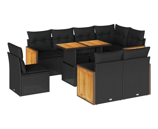 vidaXL 9-cz. zestaw mebli z poduszkami, czarny, polirattan i akacja Dārza mēbeļu komplekti