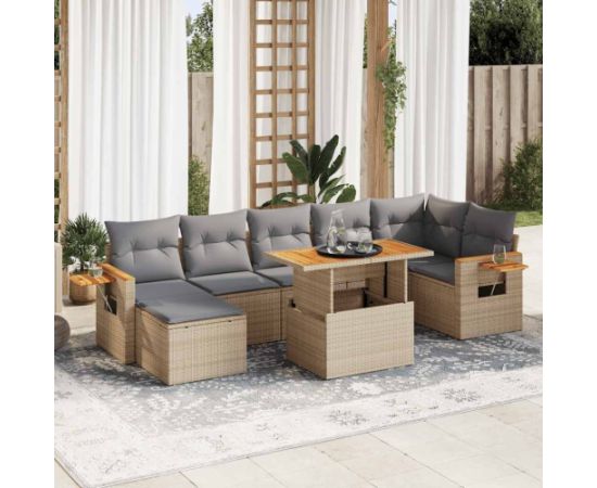 vidaXL 8-cz. zestaw mebli z poduszkami, beżowy, polirattan i akacja Dārza mēbeļu komplekti