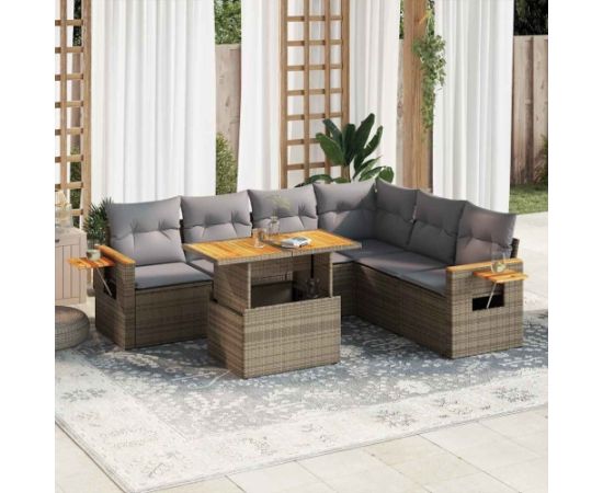 vidaXL 6-cz. zestaw mebli z poduszkami, beżowy, polirattan i akacja Dārza mēbeļu komplekti