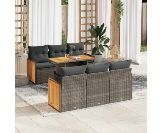 vidaXL 7-cz. zestaw mebli z poduszkami, szary, polirattan i akacja Dārza mēbeļu komplekti