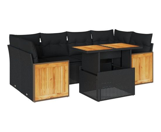 vidaXL 7-cz. zestaw mebli z poduszkami, czarny, polirattan i akacja Dārza mēbeļu komplekti