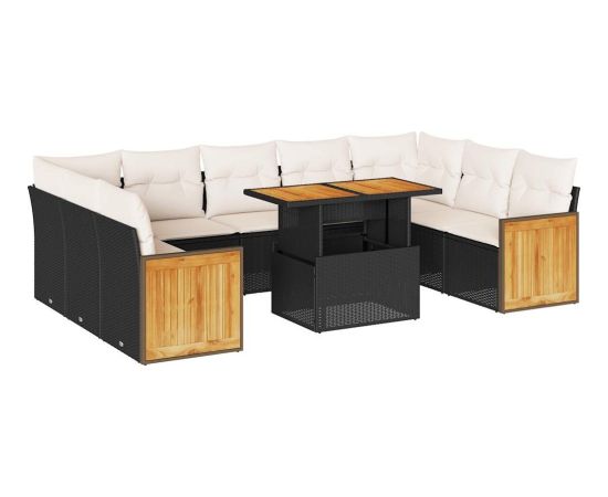 vidaXL 10-cz. zestaw mebli z poduszkami, czarny, polirattan i akacja Dārza mēbeļu komplekti