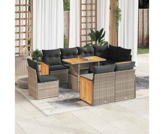 vidaXL 9-cz. zestaw mebli z poduszkami, szary, polirattan i akacja Dārza mēbeļu komplekti