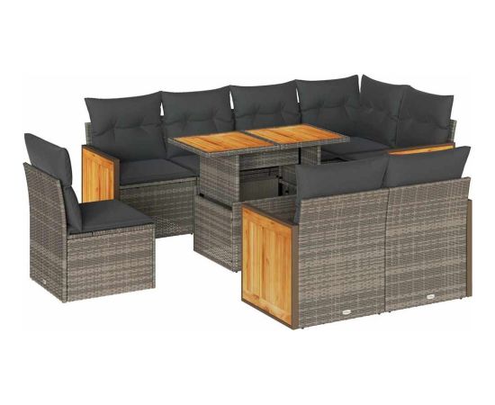vidaXL 9-cz. zestaw mebli z poduszkami, szary, polirattan i akacja Dārza mēbeļu komplekti
