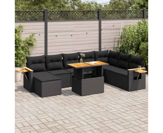 vidaXL 7-cz. zestaw mebli z poduszkami, czarny, polirattan i akacja Dārza mēbeļu komplekti