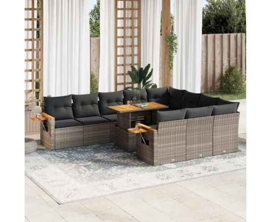 vidaXL 10-cz. zestaw mebli z poduszkami, szary, polirattan i akacja Dārza mēbeļu komplekti