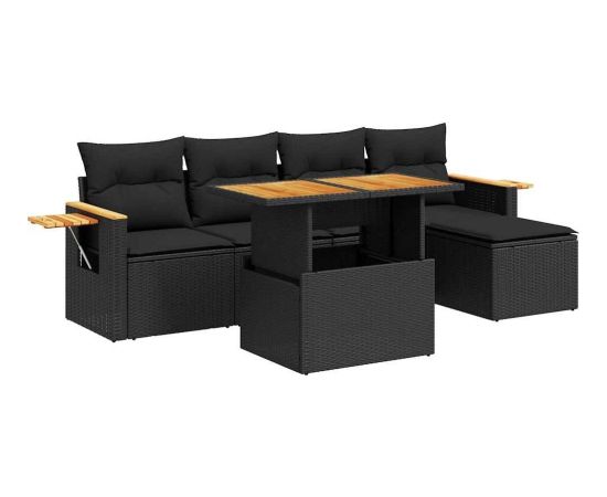 vidaXL 7-cz. zestaw mebli z poduszkami, czarny, polirattan i akacja Dārza mēbeļu komplekti