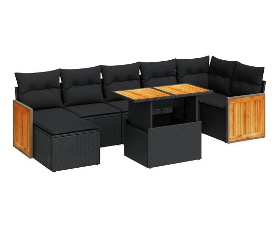 vidaXL 7-cz. zestaw mebli z poduszkami, czarny, polirattan i akacja Dārza mēbeļu komplekti