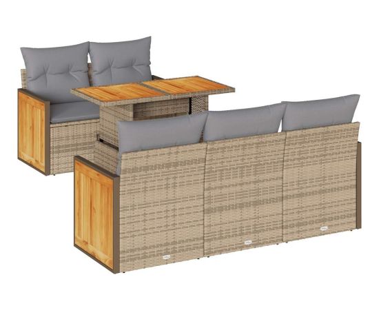 vidaXL 6-cz. zestaw mebli z poduszkami, beżowy, polirattan i akacja Dārza mēbeļu komplekti