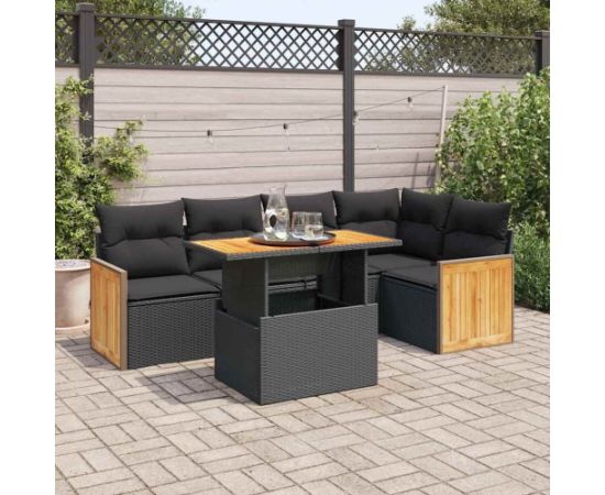 vidaXL 6-cz. zestaw mebli z poduszkami, czarny, polirattan i akacja Dārza mēbeļu komplekti