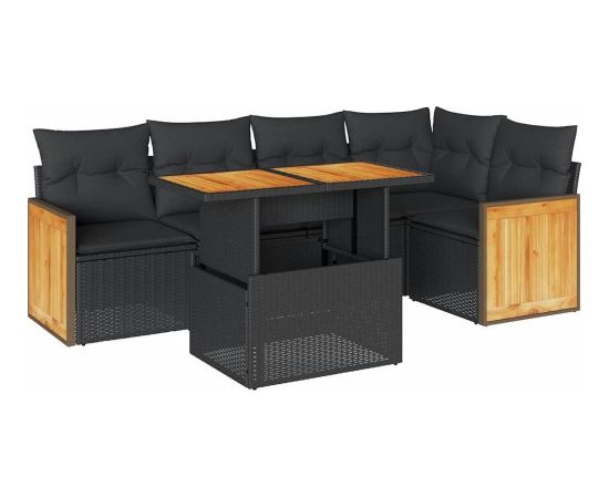 vidaXL 6-cz. zestaw mebli z poduszkami, czarny, polirattan i akacja Dārza mēbeļu komplekti