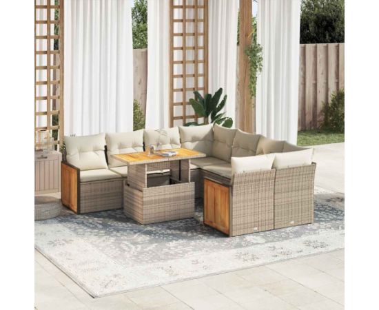 vidaXL 9-cz. zestaw mebli z poduszkami, beżowy, polirattan i akacja Dārza mēbeļu komplekti