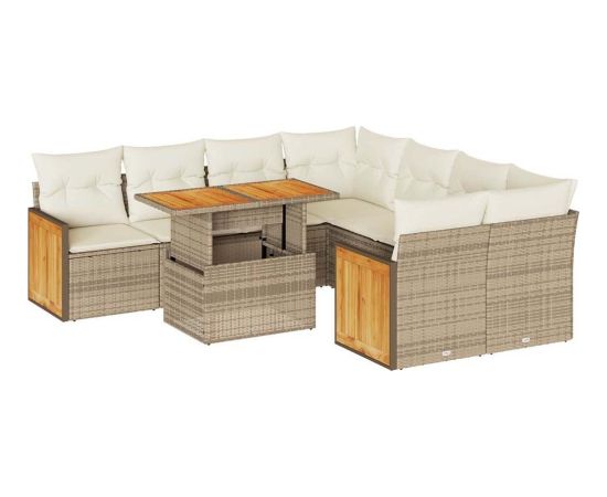 vidaXL 9-cz. zestaw mebli z poduszkami, beżowy, polirattan i akacja Dārza mēbeļu komplekti