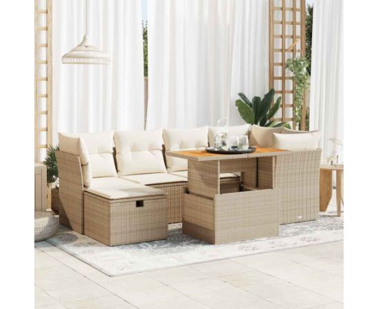 vidaXL 7-cz. zestaw mebli z poduszkami, beżowy, polirattan i akacja Dārza mēbeļu komplekti