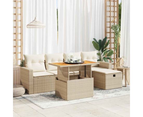 vidaXL 6-cz. zestaw mebli z poduszkami, beżowy, polirattan i akacja Dārza mēbeļu komplekti