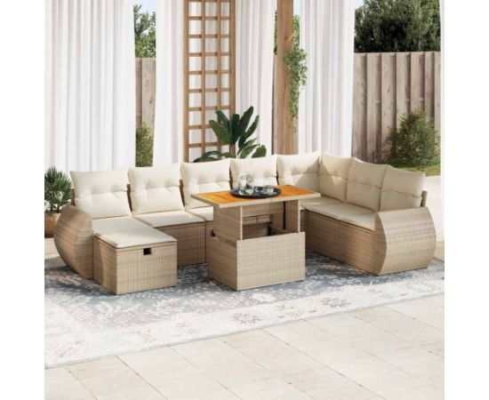 vidaXL 9-cz. zestaw mebli z poduszkami, beżowy, polirattan i akacja Dārza mēbeļu komplekti