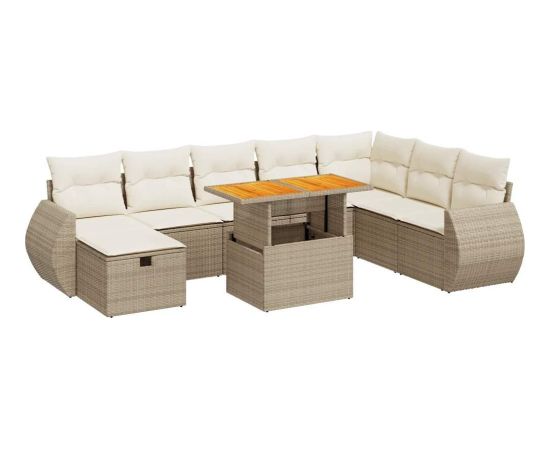 vidaXL 9-cz. zestaw mebli z poduszkami, beżowy, polirattan i akacja Dārza mēbeļu komplekti