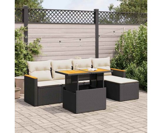 vidaXL 6-cz. zestaw mebli z poduszkami, czarny, polirattan i akacja Dārza mēbeļu komplekti