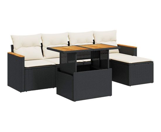 vidaXL 6-cz. zestaw mebli z poduszkami, czarny, polirattan i akacja Dārza mēbeļu komplekti