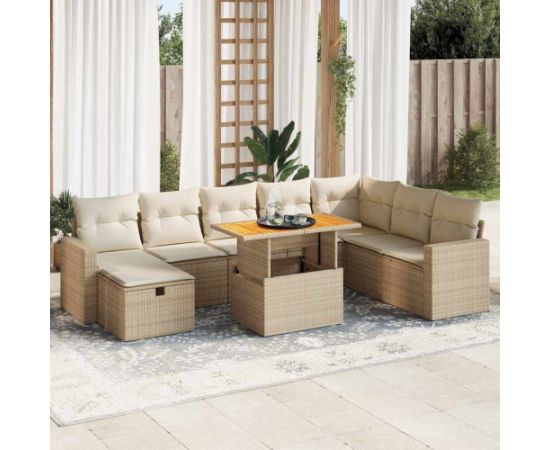 vidaXL 9-cz. zestaw mebli z poduszkami, beżowy, polirattan i akacja Dārza mēbeļu komplekti